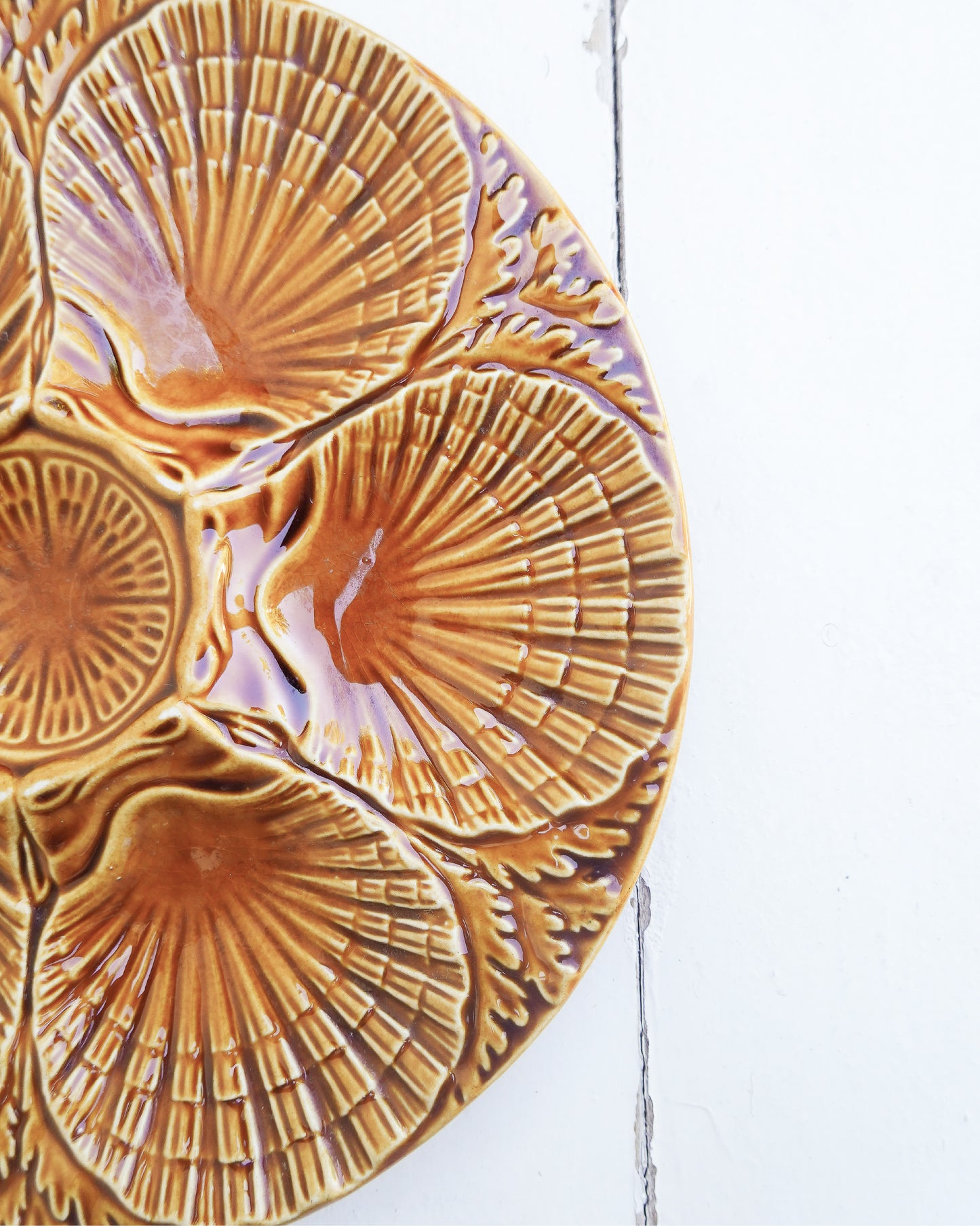 Assiette en barbotine Secla, coquilles Saint-Jacques, décor caramel