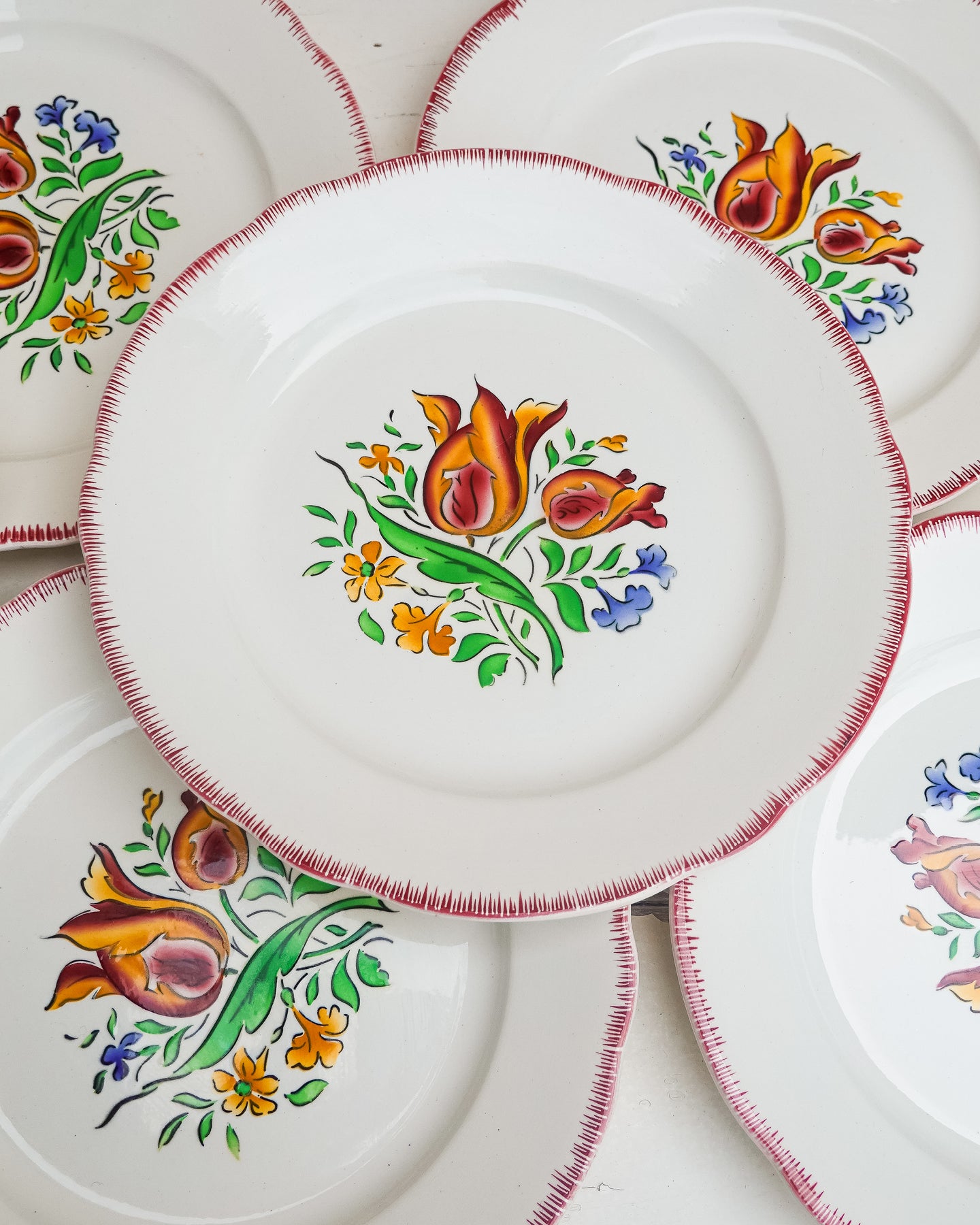 Lot de 8 assiettes plates vintage, Digoin Sarreguemines, modèle Lorraine