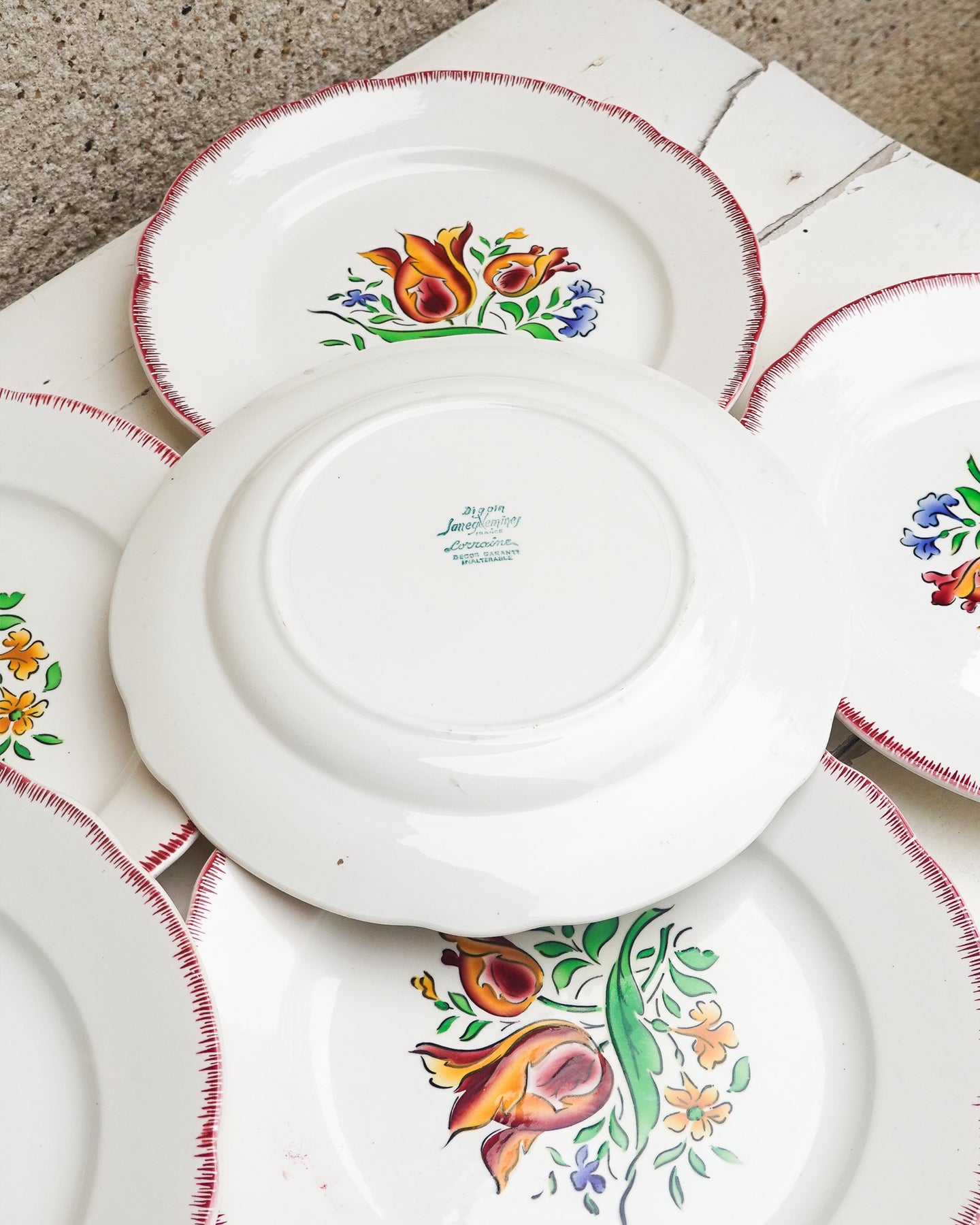 Lot de 8 assiettes plates vintage, Digoin Sarreguemines, modèle Lorraine