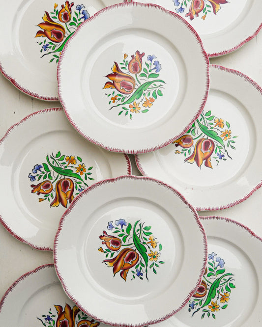 Lot de 8 assiettes plates vintage, Digoin Sarreguemines, modèle Lorraine