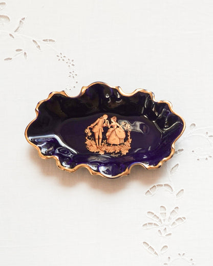 Petit plateau en porcelaine fine bleue cobalt / vide poche