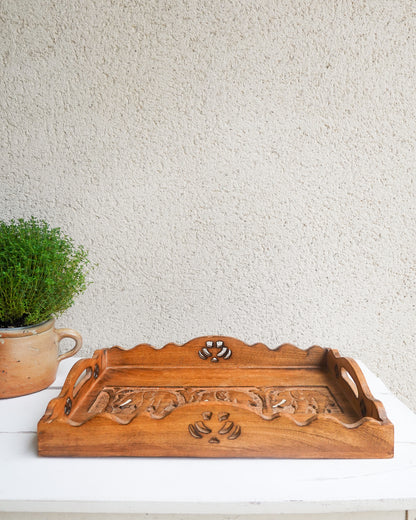 Plateau en bois sculpté à la main, motif éléphants